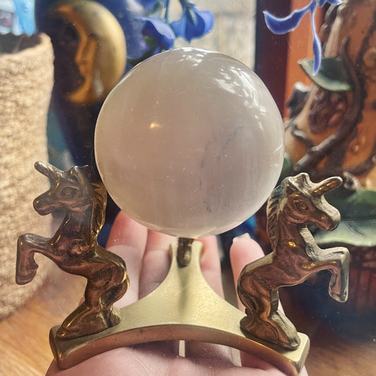 Vintage Brass Unicorn with Selenite Crystal Ball Stand